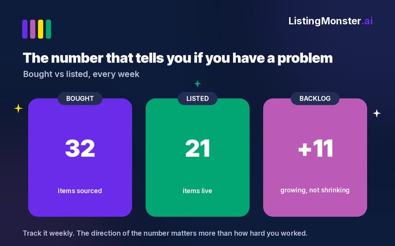 Blog hero titled "Buying stock feels productive. Only one side of this actually pays you," contrasting a "sourced" tile with a "listed" tile, with the ListingMonster mascot.