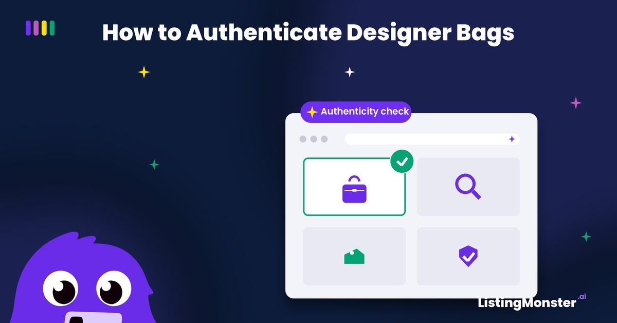 Illustration of a ListingMonster authenticity-check screen with handbag and verification icons, for a designer bag authentication guide.