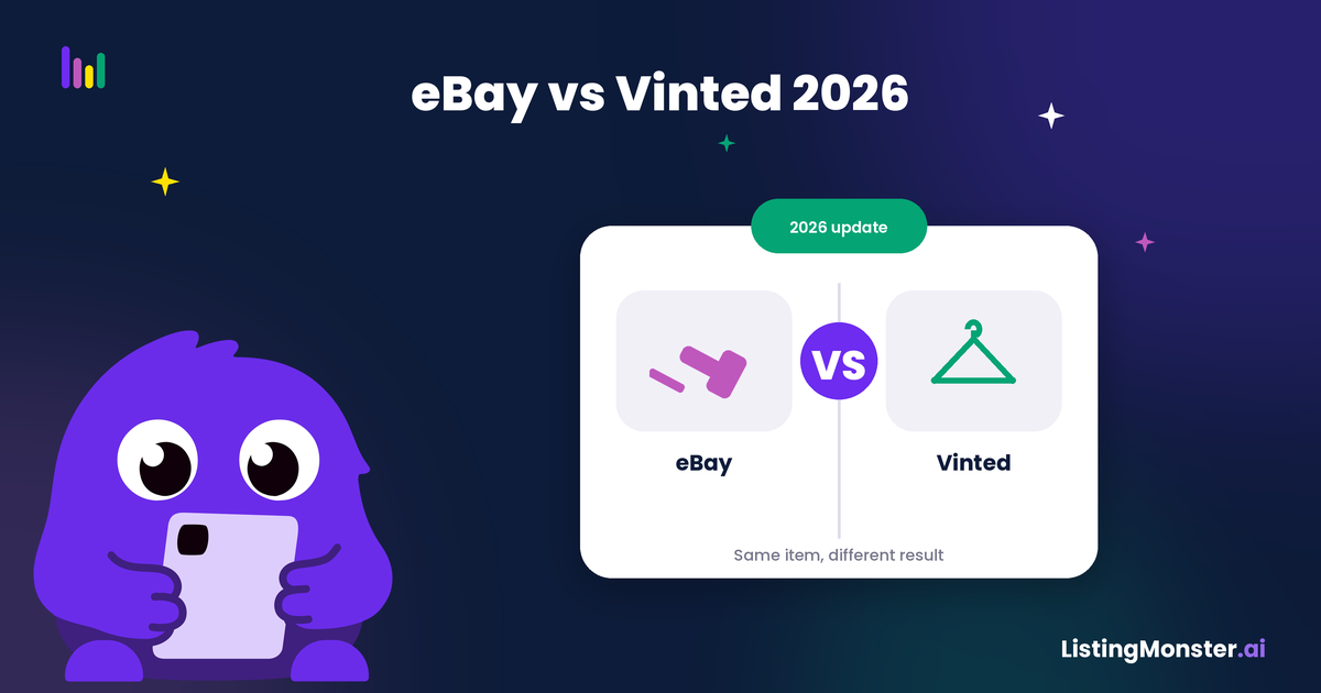 Blog hero titled "eBay vs Vinted 2026," showing a side-by-side comparison card with an auction gavel and a clothes hanger, plus the ListingMonster mascot.