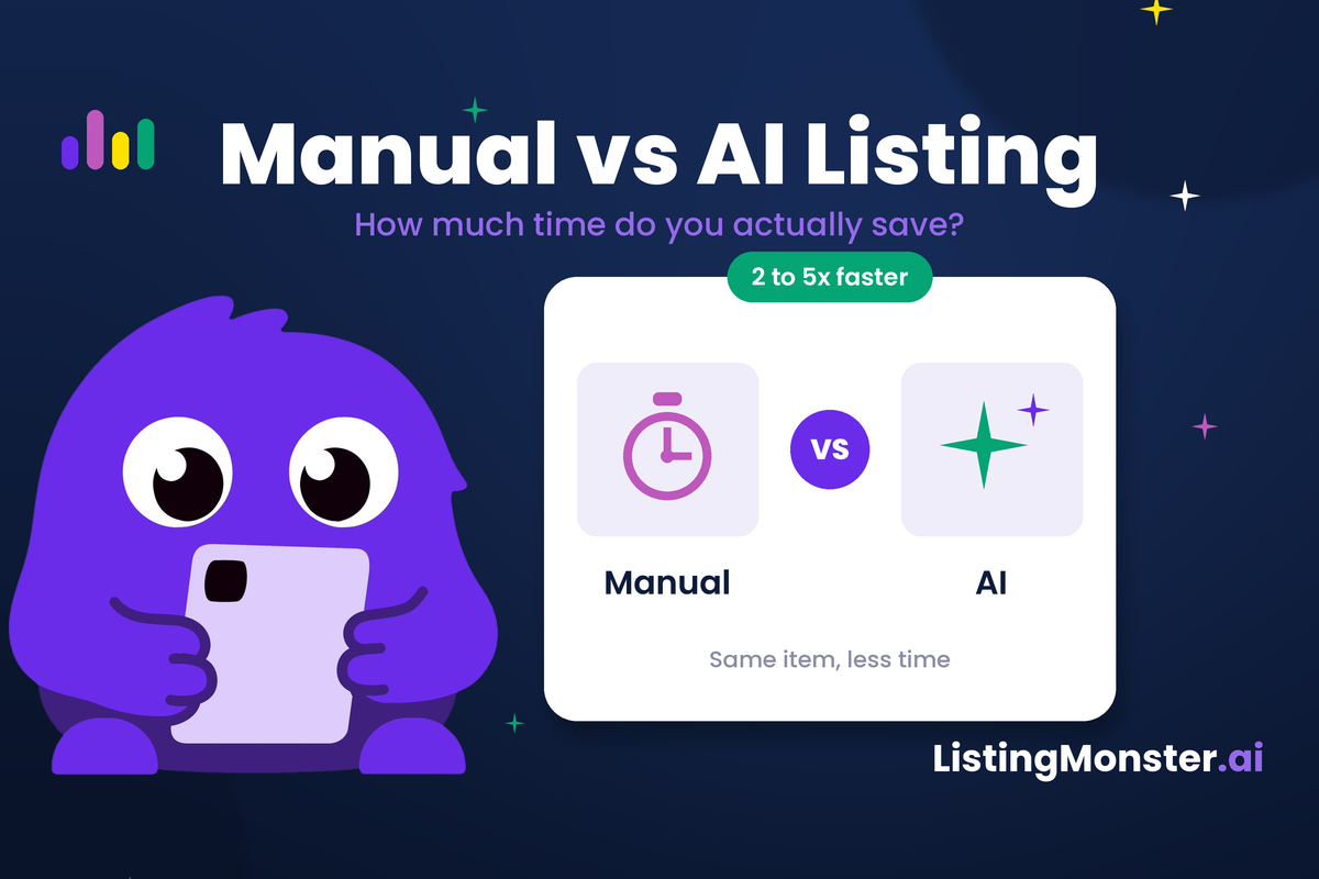 ListingMonster header titled "Manual vs AI Listing: How much time do you actually save?" comparing manual and AI listing, badged "2 to 5x faster," with the mascot.