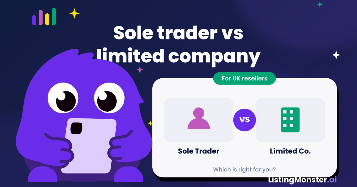 Blog hero titled "Sole trader vs limited company," comparing the two business structures for UK resellers, captioned "which is right for you?", with the ListingMonster mascot.