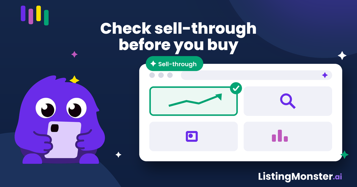 Blog hero titled "Check sell-through before you buy," showing an interface with a rising trend graph, search, and chart icons and a "sell-through" badge, plus the ListingMonster mascot.