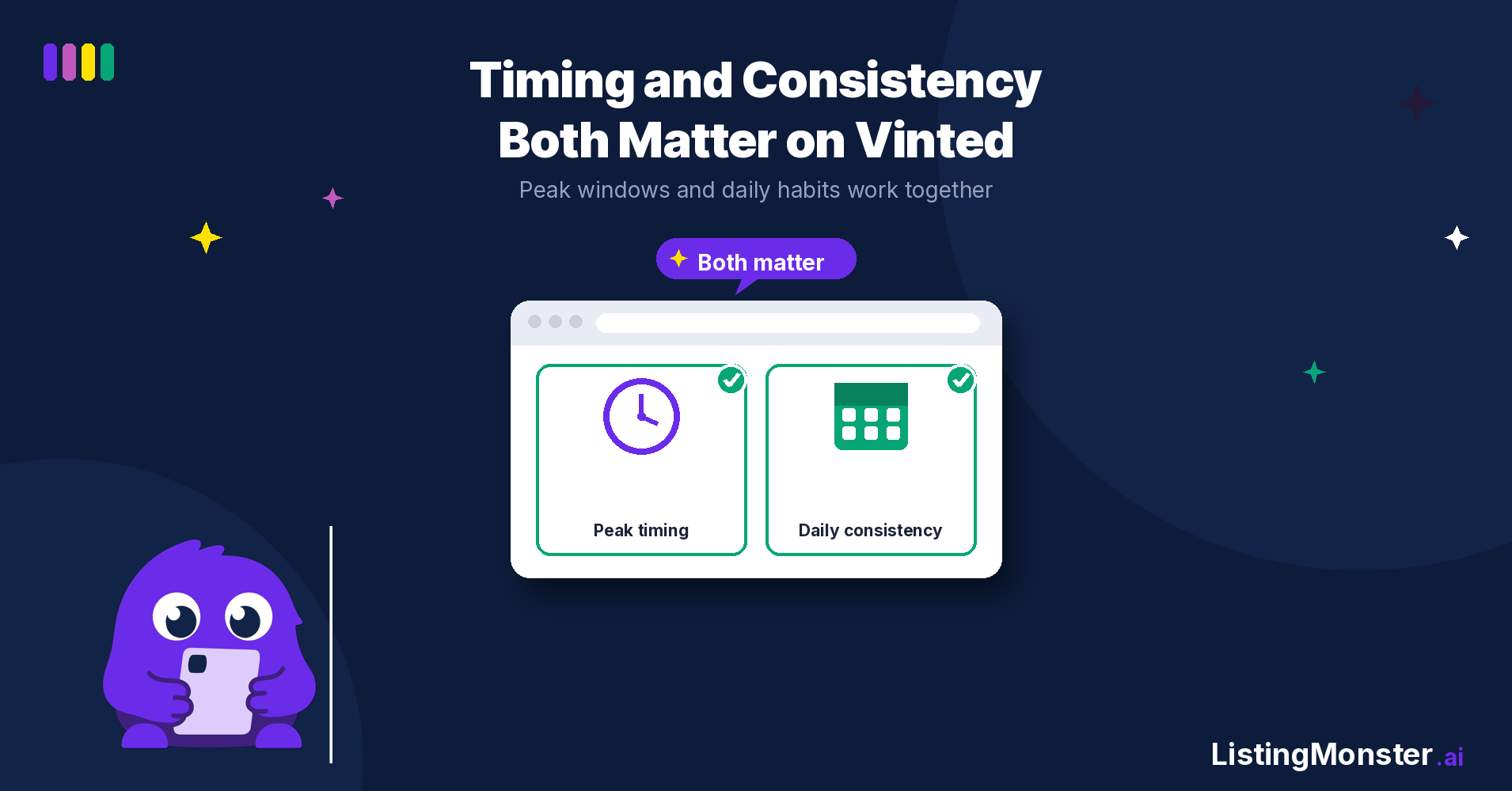 Browser mockup with two green-checked tiles, a clock labelled peak timing and a calendar labelled daily consistency, next to the Listing Monster mascot