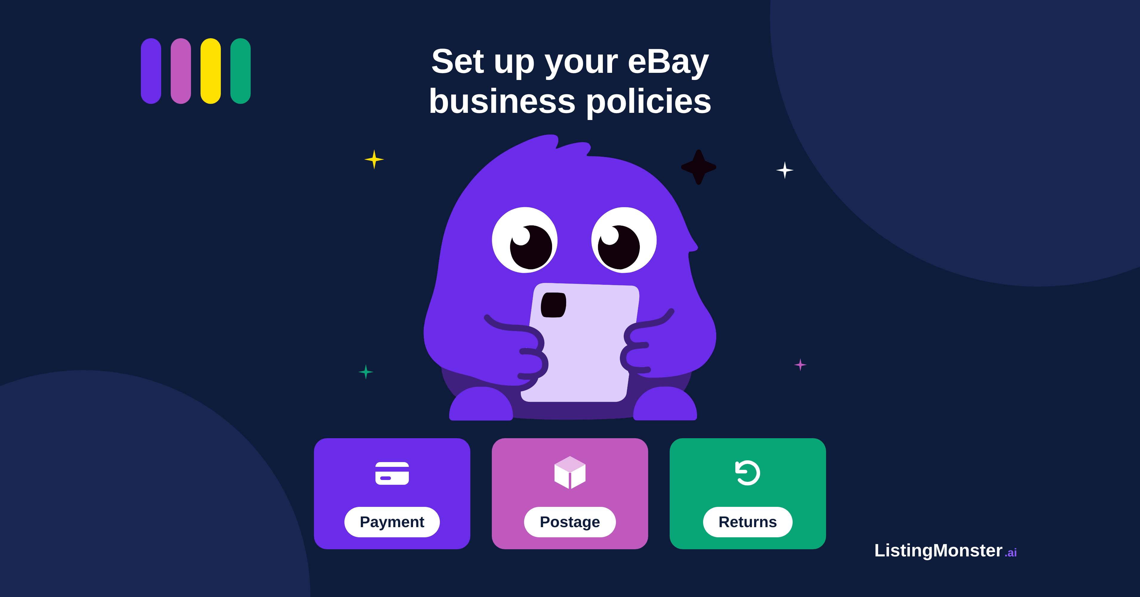 Illustration of the Listing Monster mascot holding a tablet above three cards labelled Payment, Postage and Returns, on a navy background with the Listing Monster logo