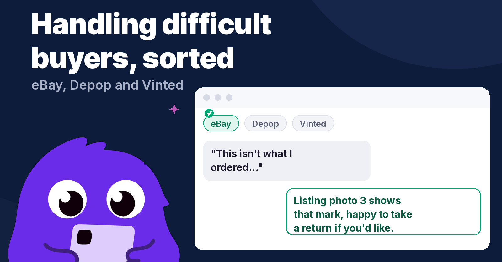 Listing Monster graphic showing a ยฃ100 reselling budget split into stock, packaging, buffer and reinvestment, with the LM mascot