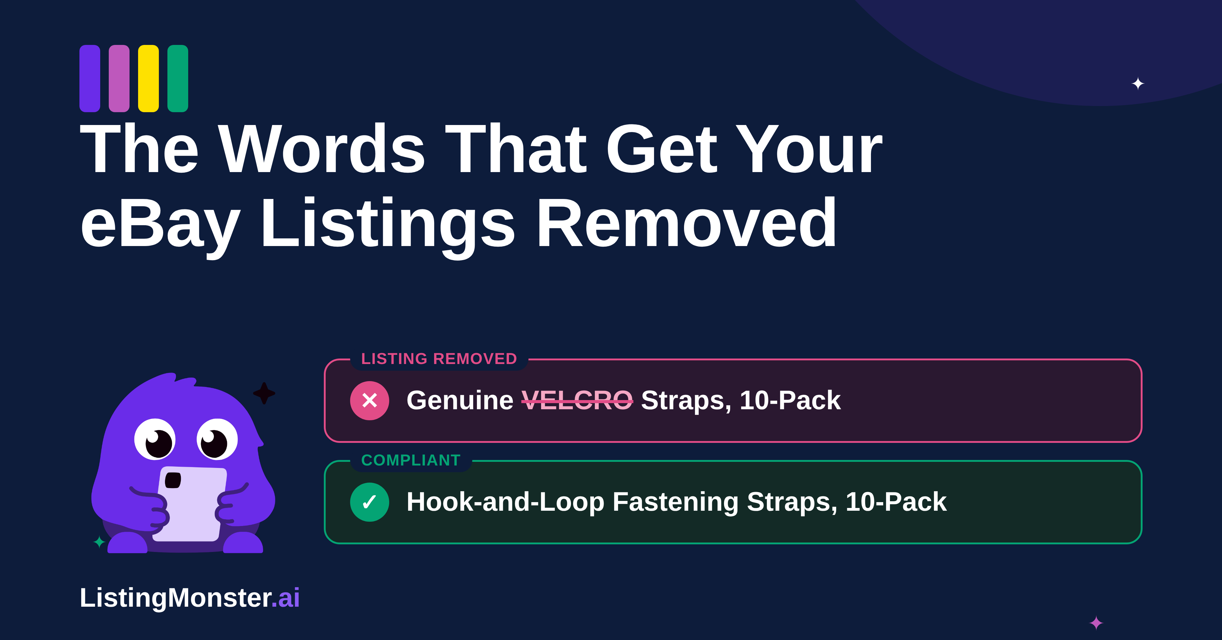 Blog hero titled "The Words That Get Your eBay Listings Removed," contrasting a removed listing using a trademarked term with a compliant generic alternative, with the ListingMonster mascot.