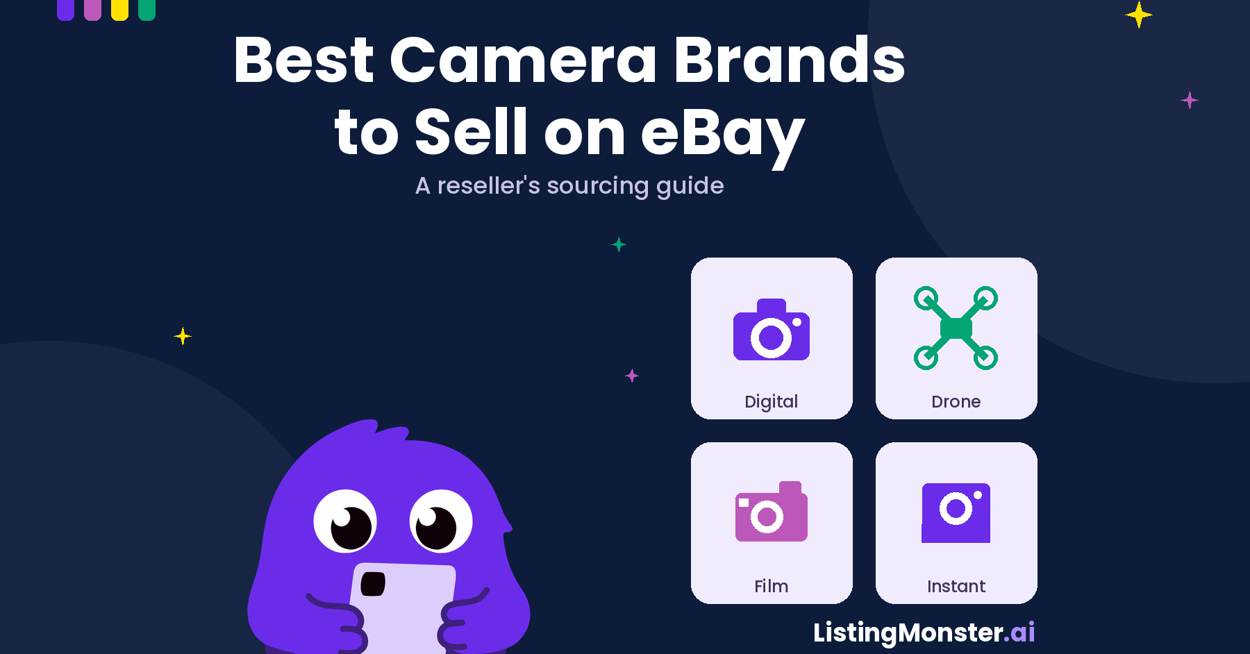 Blog hero titled "Best Camera Brands to Sell on eBay: A reseller's sourcing guide," showing tiles for digital, drone, film, and instant cameras, with the ListingMonster mascot.