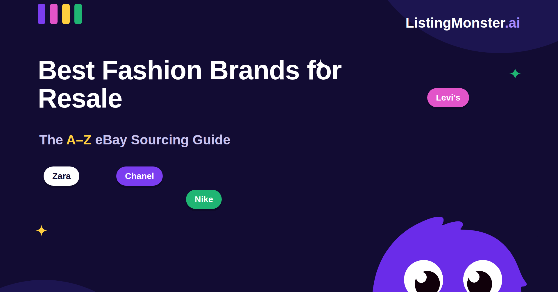 Blog hero titled "Best Fashion Brands for Resale: The A–Z eBay Sourcing Guide," with brand tags for Zara, Chanel, Nike, and Levi's, and the ListingMonster mascot.