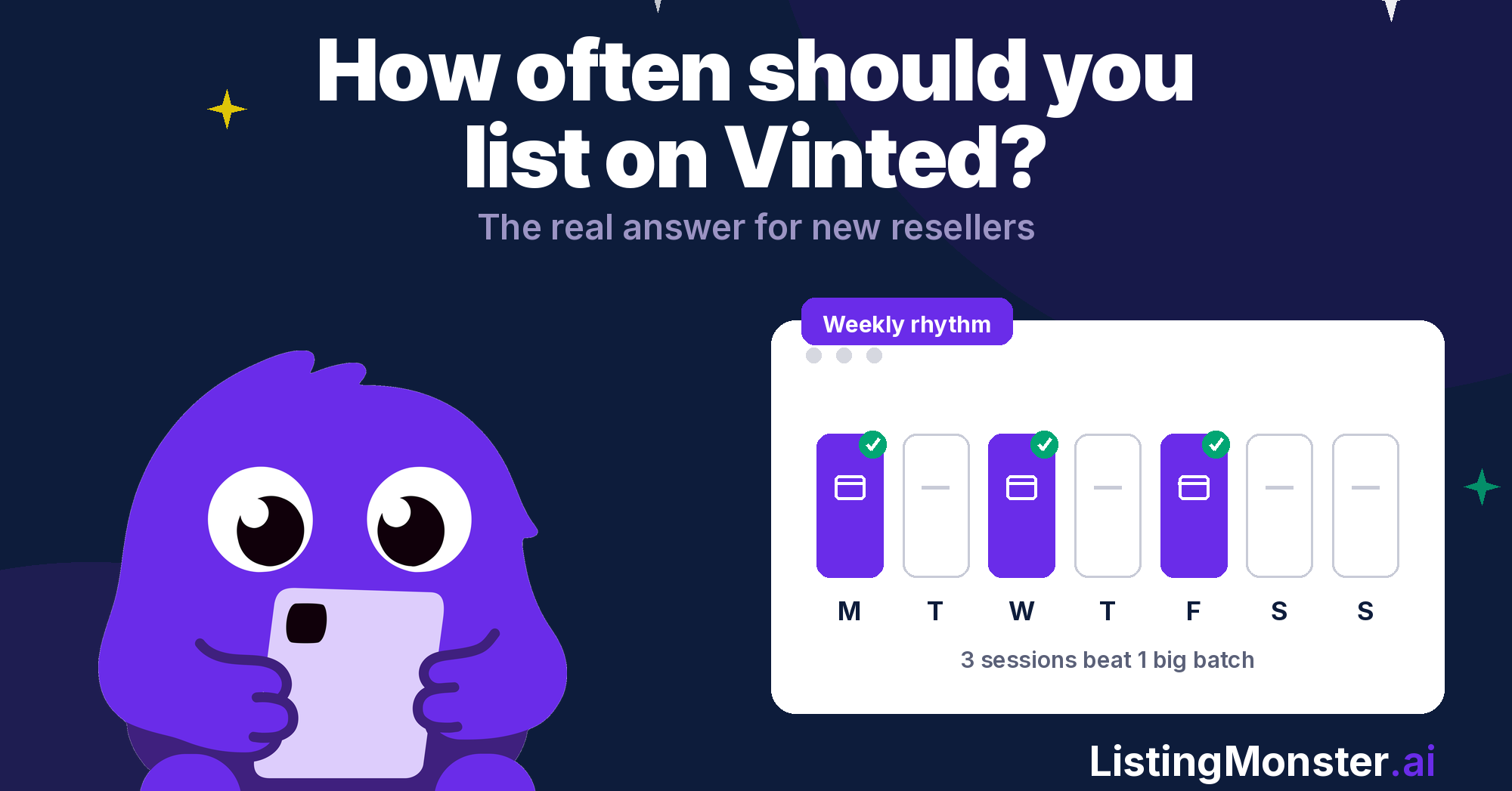 ListingMonster mascot with a weekly listing rhythm card showing Monday, Wednesday and Friday highlighted for Vinted listing sessions