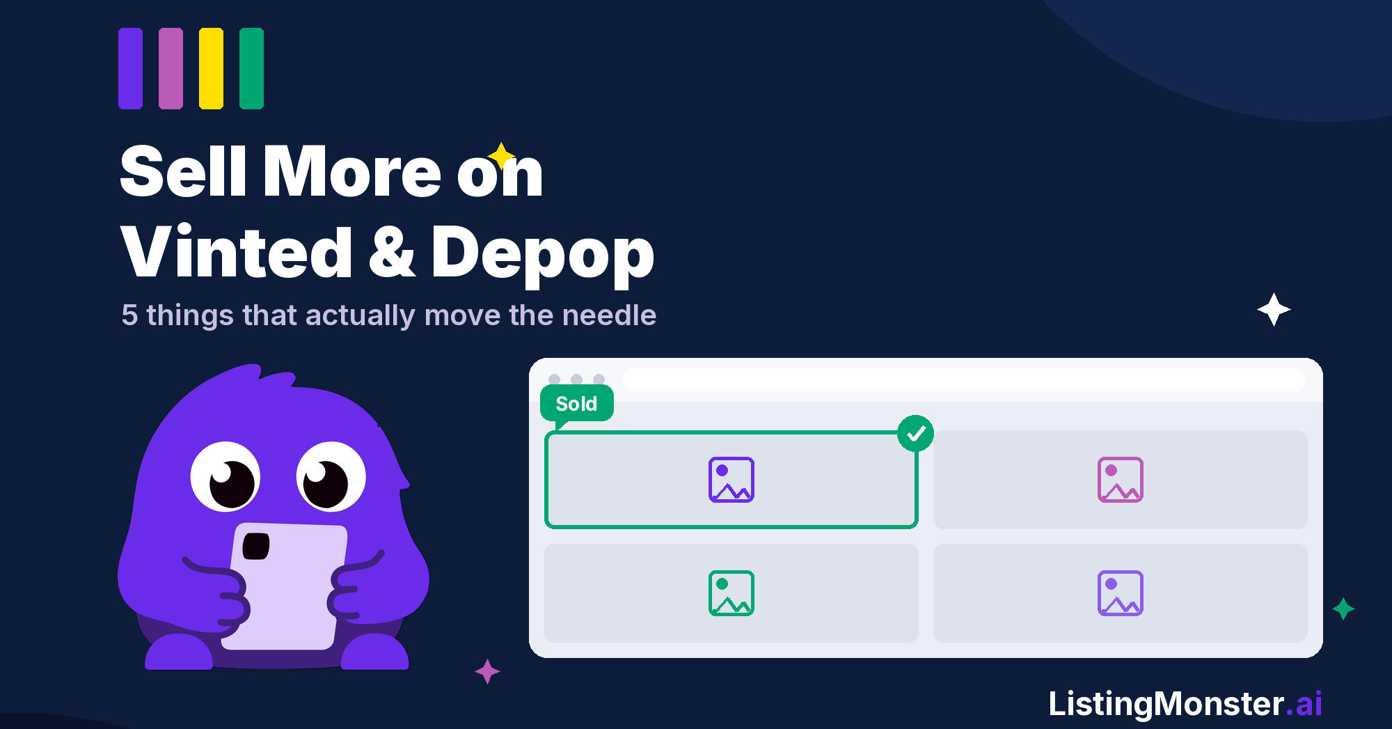 Listing Monster mascot beside a Vinted and Depop listing feed mockup, promoting five ways to sell more