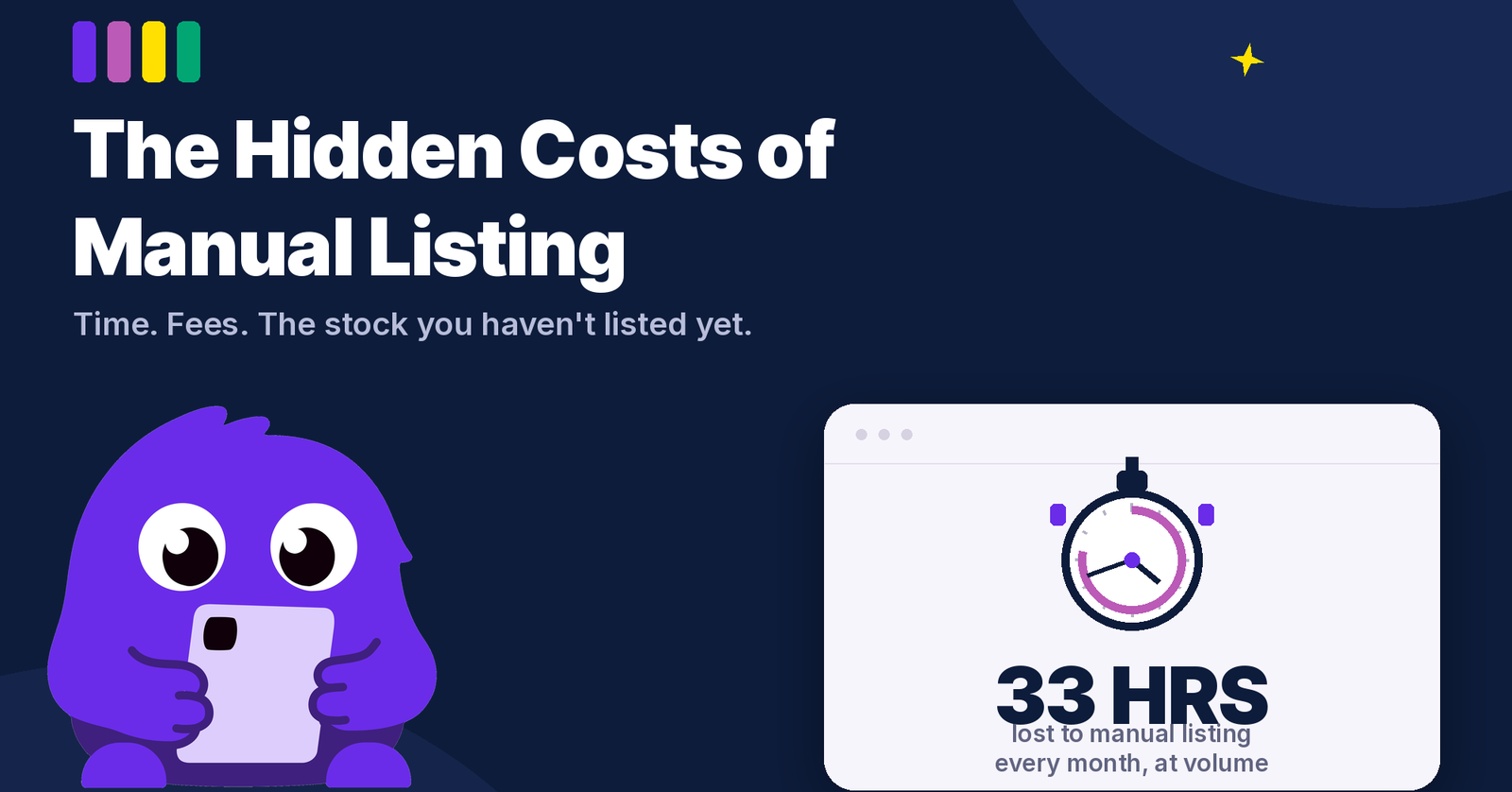 Listing Monster mascot next to a stopwatch surrounded by listing task icons, illustrating time lost to manual listing