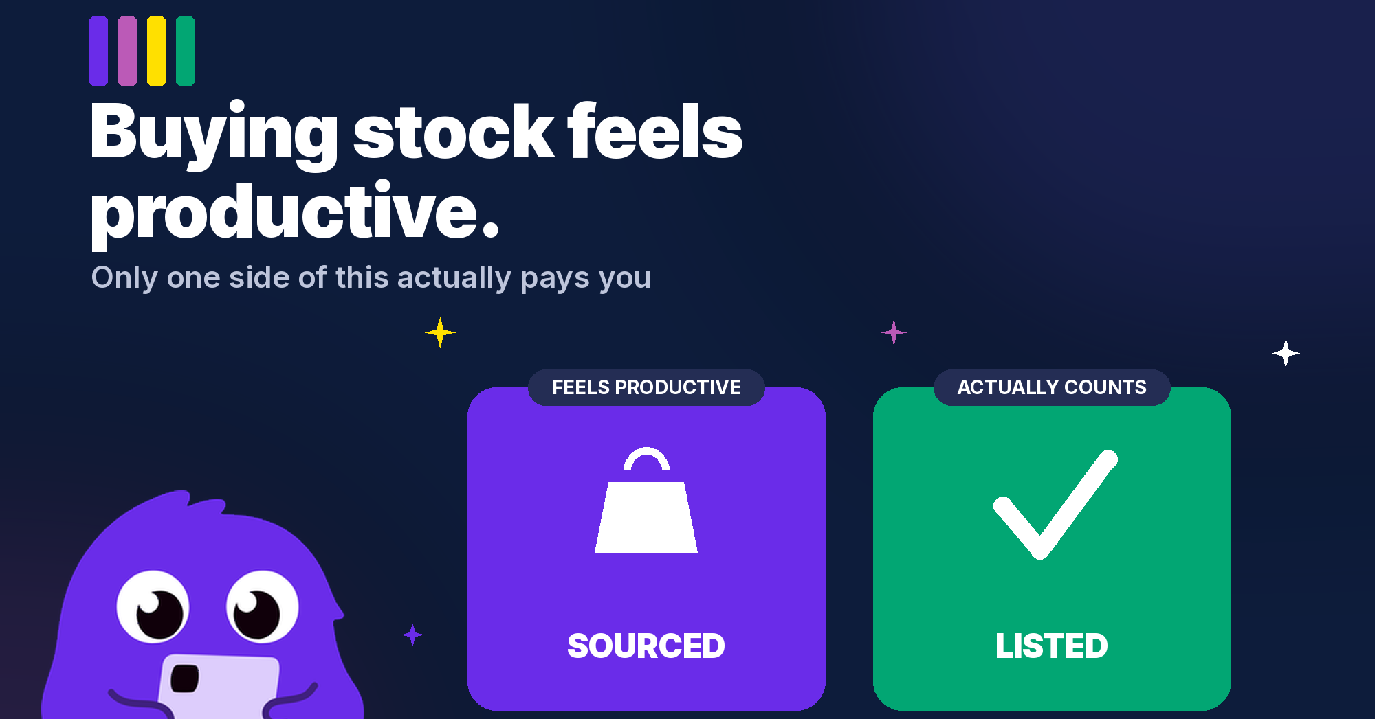 Blog hero titled "Buying stock feels productive. Only one side of this actually pays you," contrasting a "sourced" tile with a "listed" tile, with the ListingMonster mascot.