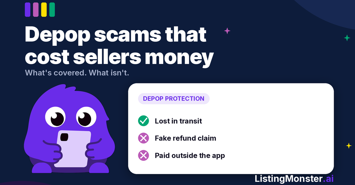 Depop Seller Scams: what's covered, what isn't, illustration with Listing Monster mascot and a protection checklist card showing lost in transit covered, fake refund claim and paid outside the app not covered.