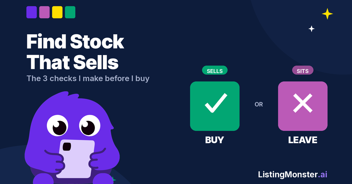 How to find stock that sells illustration with Listing Monster mascot and buy or leave decision graphic