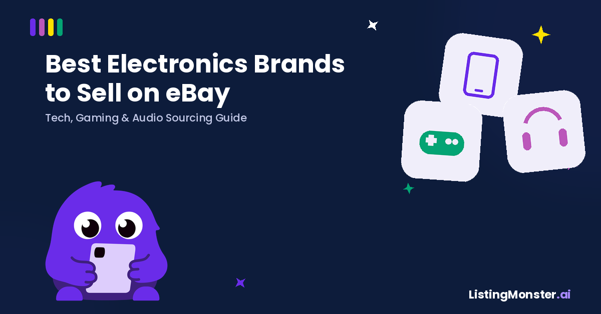 Listing Monster mascot holding a tablet beneath the headline "Best Homeware Brands to Sell on eBay", with a pink cookware icon card and a green homeware icon card either side, and purple, yellow, green and white sparkle accents on a dark navy background