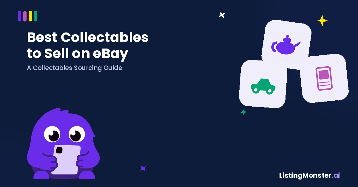 Listing Monster mascot holding a tablet beside a purple teapot icon, green trading card icon and pink diecast car icon, on a dark navy background with the headline "Best Collectibles Brands to Sell on eBay"