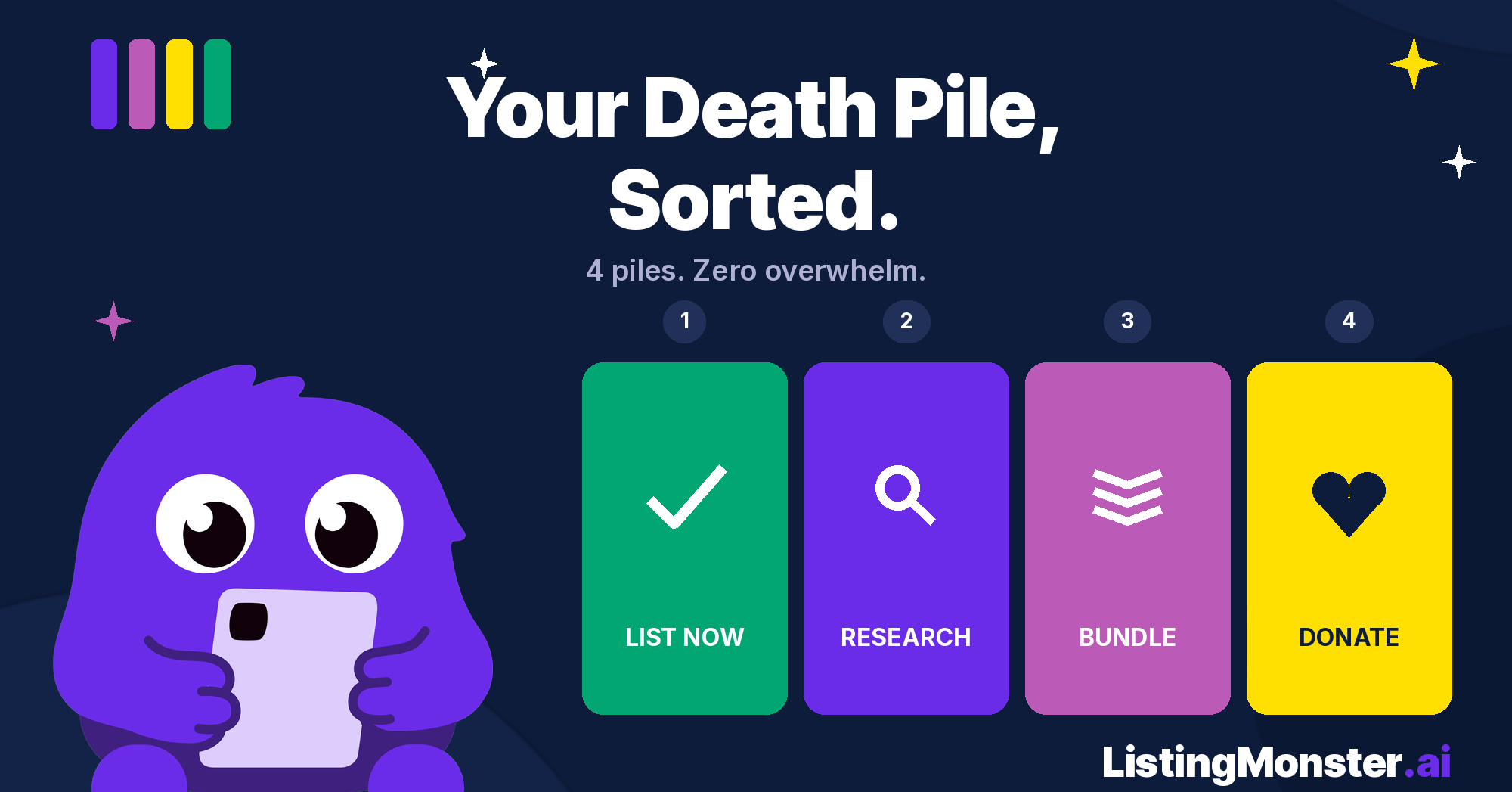 LM mascot beside four colour-coded cards labelled List Now, Research, Bundle, and Donate, under the headline "Your Death Pile, Sorted.