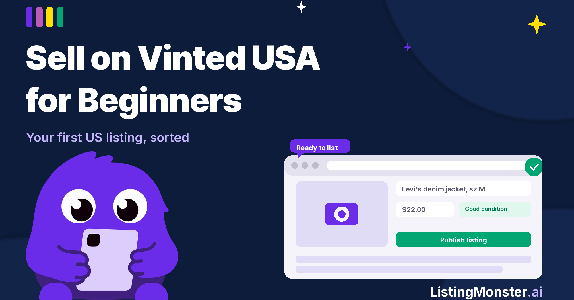LM Monster mascot with a phone beside a mock Vinted listing form, Sell on Vinted USA for Beginners