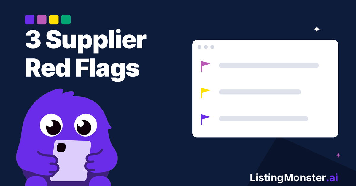 3 wholesale clothing supplier red flags illustration with Listing Monster mascot and checklist card